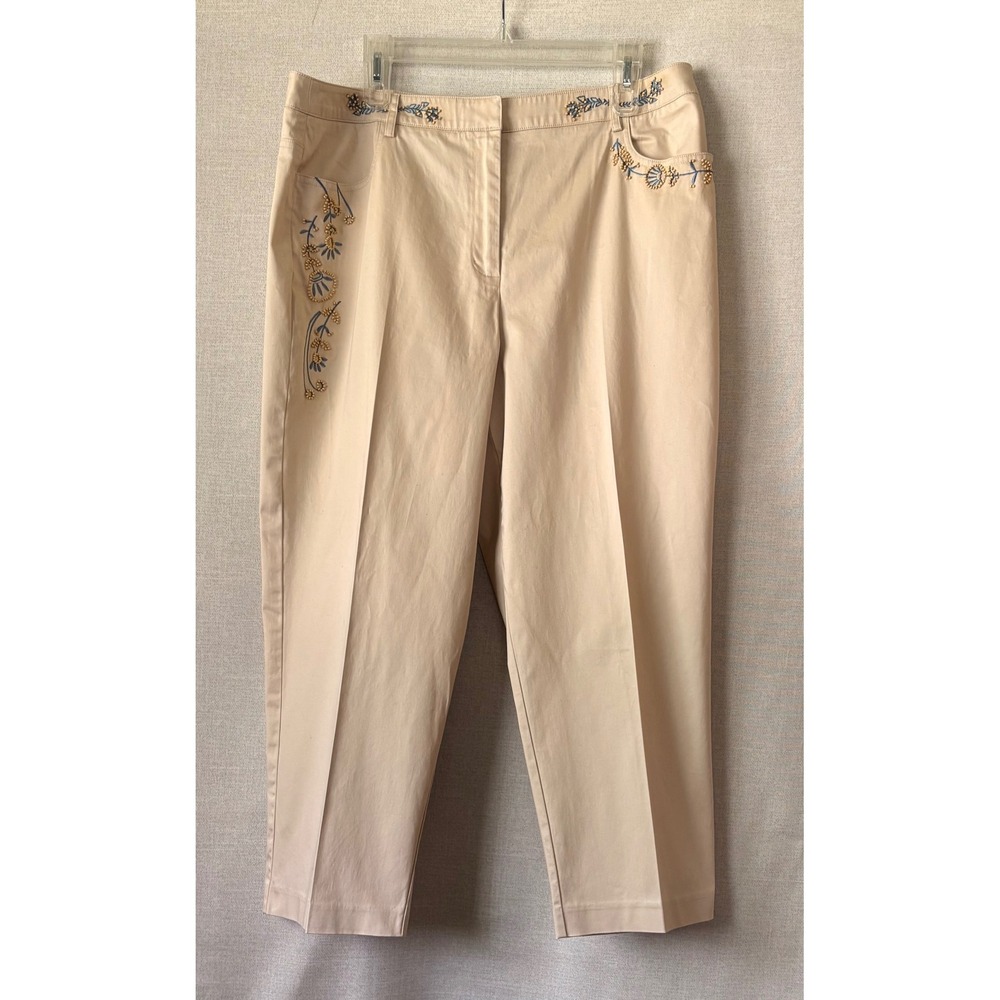Talbots Womens Size 18 Khaki Embroidered Beaded Floral Stretch Crop Pants Chino